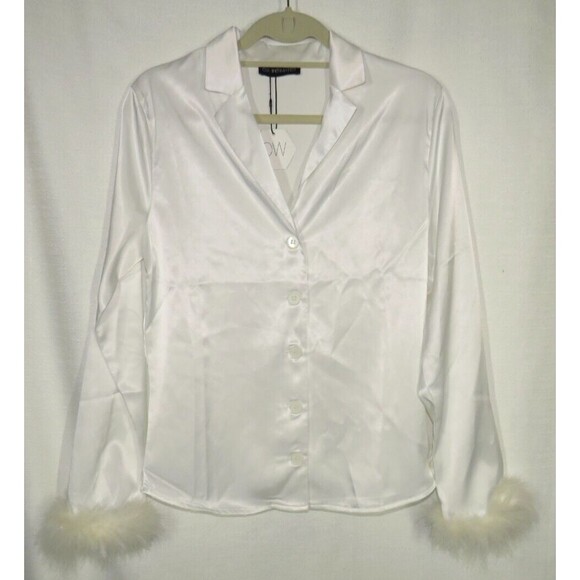 OW Intimates Revolve White Satin Ostrich Feather Trimmed Pajama Top Size 4-XS - Picture 4 of 14